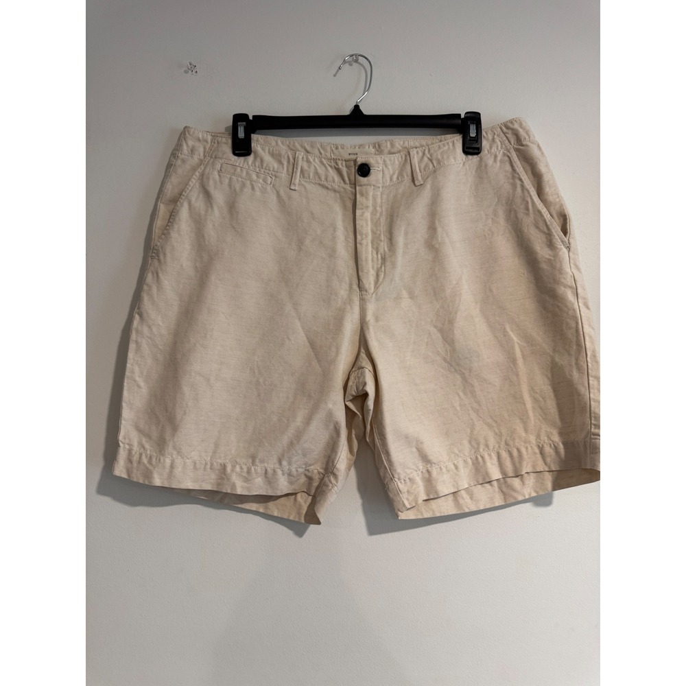 Billy Reid Wynn Shorts Mens 38 Beige Pima Cotton Linen Herringbone